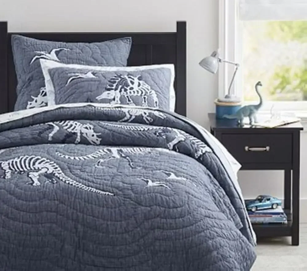 Pottery Barn Dino Bones Queen Size Quilt + Standard Sham Blue Chambray Fabric